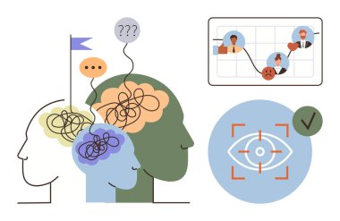 Kafalardaki karmaşık düşünceler berraklığa doğru çözülüyor, bağlantıları olan haritalar ve odak simgesi. Beyin fırtınası, strateji, netlik, odaklanma, karar verme sorunu çözme ve akıl sağlığı için idealdir. A