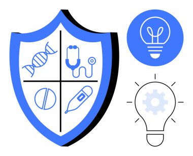 Kalkanlar, DNA, steteskop, hap ve termometreyle ayrılmış. Ampul ve dişli ikonuyla eşleştirilmiş. Basit sağlık hizmetleri, yenilik, güvenlik, bilim teknolojisi tıbbi temalar için idealdir