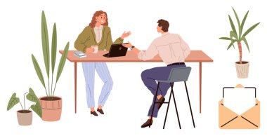 İki meslektaş bir masada oturmuş dizüstü bilgisayar, kahve fincanı, defter, saksı bitkileri ve yakınlarda büyük bir zarfla fikirleri tartışıyorlar. Takım çalışması, iletişim, işbirliği, verimlilik için ideal