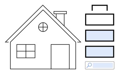 Baca, dairesel ve kare pencereli ev taslağı, dikey hiyerarşi çizelgeleri ve arama çubuğu. Gayrimenkul, ev yönetimi, organizasyon, mimari, analiz planlama için ideal basit