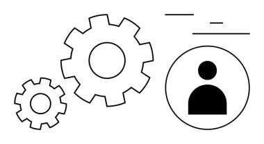 İki birbirine bağlı vites ve bir kişi avatar takım çalışmasını, iş akışını, üretkenliği ve sistem entegrasyonunu sembolize eder. İşbirliği, yönetim, İK, otomasyon, yenilik süreci için ideal basit