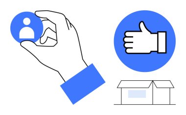 El ele tutuşan kullanıcı ikonu, onay onayı ve seçenekleri, reytingleri ve teslimatı sembolize eden kutu. Personel alımı, müşteri geribildirimi, e-ticaret, lojistik kullanıcı sözleşmesi kalite kontrolü için ideal