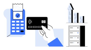 Ödeme terminalinde kredi kartı kullanımı, yukarı ok ve veri sunucuları ile büyüme grafiği. Finans, ödeme işleme, teknoloji, analitik, iş büyümesi, veri güvenliği için ideal