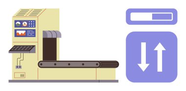 Kontrol paneli, veri grafikleri ve ilerleme çubuğu olan taşıyıcı bant sistemi. Üretim, otomasyon, verimlilik, üretim, lojistik teknoloji ve iş akışı için ideal. Temiz düz metafor