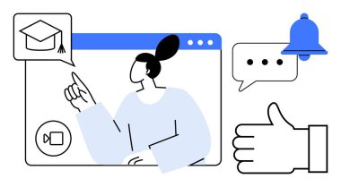 Eğitmen mezuniyet şapkası, sohbet balonu, çan ve el simgeleri ile video arayüzü ile bağlanır. E- öğrenim, eğitim, iletişim, ilişki, sanal sınıf giysileri için idealdir