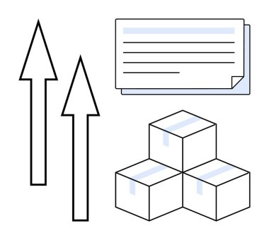 Yığılmış kutu ve belgelerin yanı sıra yukarı bakan oklar büyüme, ilerleme, nakliyat, dağıtım, tedarik zinciri, lojistik, yönetim ve modern iş operasyonlarını temsil ediyor. Yenilikçi olmak için ideal