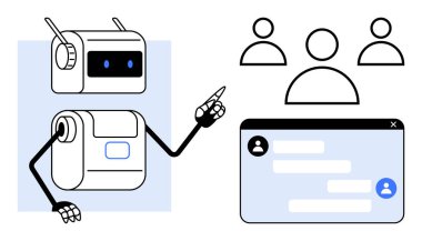 Robot kullanıcı profilleri ve sohbet geçmişi ile mesajlaşma arayüzünü işaret ediyor. Yapay zeka, takım çalışması, iletişim araçları, müşteri desteği, sohbet robotları, otomasyon, basit iniş sayfası için ideal
