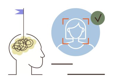 Düşüncelerle karışık insan beyni, sembolize eden hedef netliği, yüz tanıma başarısı, yeşil işaret, kavramsal teknoloji ve kimlik teması. Yapay zeka, psikoloji ve zihinsel berraklık için ideal.