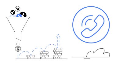 Huni filtreleme gelirleri, para yığınları kar artışını gösteriyor, telefon ikonu iletişimi simgeliyor. Satışlar, pazarlama, iş büyümesi, lider nesil, iletişim ve müşteri için ideal