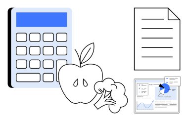 Hesap makinesi, elma, brokoli, rapor ve bütçeyi, sağlık takibini ve veri analizini gösteren analitik gösterge paneli. Finans, beslenme planlaması, eğitim sağlığı araştırması için ideal