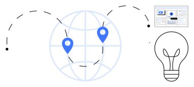 Konum lobutları, noktalı güzergahları, veri göstergesi ve ampullü bir dünya. Teknoloji, yenilik, ağ oluşturma, veri küreselleşmesi yaratıcılık iletişimi için idealdir. Basit düz metafor