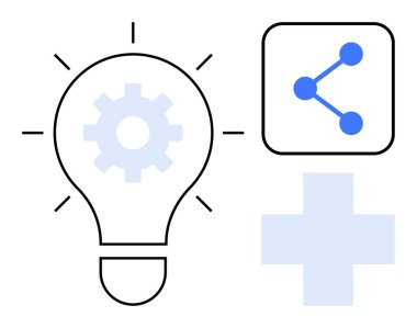 Ekipmanlı ampul, düğüm simgesi ve ayrıca yenilik, takım çalışması ve ilerleme fikirlerini birleştiren sembol. Teknoloji, iş stratejisi, ağ oluşturma, sağlık hizmetleri yaratıcılığı takım çalışması için ideal