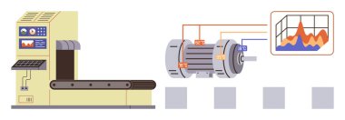 Kontrol ünitesi, motor ve veri bağlantıları olan taşıma bandı sistemi, güç analiz şemasını gösteriyor. Üretim, otomasyon, üretim verimliliği, veri izleme ve mühendislik için ideal