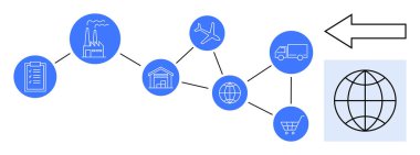 Fabrika, depo, uçak, kamyon, araba ve dünya bir akış diyagramı ile birbirine bağlı. Lojistik, küresel ticaret, tedarik zinciri dağıtımı e-ticaret işlemleri için idealdir.