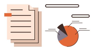 Etiketli bir pasta grafiğinin yanında işaretlenmiş bir sekme ile istiflenmiş belgeler düzenlenmiş veri analizleri. Analiz, raporlama, araştırma, finans, eğitim, sunumlar, yönetim için ideal. Basit düz