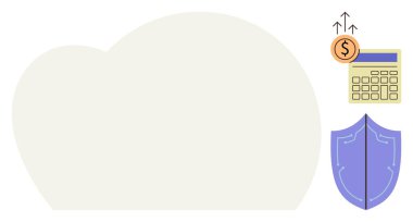 Bulut grafiği, yukarı doğru okları olan hesap makinesi, kalkan finans, güvenlik, büyüme ve veri korumasını temsil ediyor. Bulut bilgisayarı, fintech, tasarruf sigortası yatırım güvenliği için idealdir.