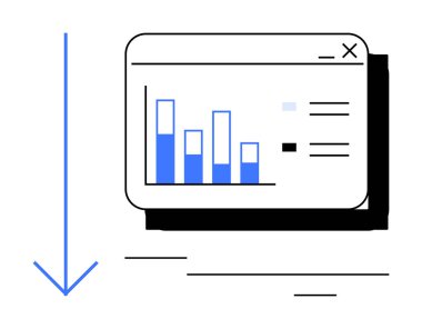 Tarayıcı tipi penceredeki çubuk çizelgesi, aşağıya doğru büyük bir okun yanında veri görselleştirmesini gösteriyor. Analiz, karar verme, veri eğilimleri, iş anlayışı, finansal planlama, UX tasarımı için ideal