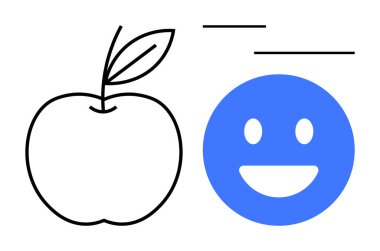 Yapraklı siyah elma çizgisi, mavi gülen yüz sembolü ve dinamik çizgiler. Sağlık, pozitiflik, refah, eğitim, gıda, basitlik için ideal basit iniş sayfası