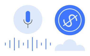 Mikrofon ikonu, ses dalgaları, dolar sembolü ve bulut şekli ses güdümlü finansal çözümleri temsil ediyor. Finans, teknoloji, yenilik, iletişim, AI bulut hesaplama basitliği için ideal