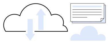 Yukarı ve aşağı okları olan bulut dijital dosyaların yanı sıra veri transferini sembolize eder. Teknoloji, depolama, işbirliği, bağlantı, yenilik, verimlilik için ideal, modern iş akışları basit düz