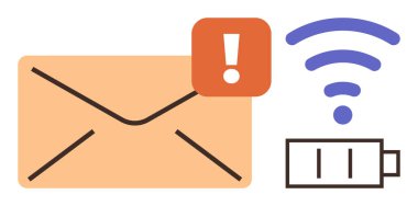 Ünlem işaretli zarf, düşük pil simgesi, zayıf kablosuz sembol. İletişim, bağlantı, aciliyet, mobil bildirimler, dijital aşırı yükleme, basit düz metafor uyarıları için ideal