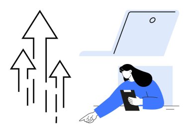 Elinde not panosu olan bir kadın, açık bir dizüstü bilgisayarın yanında oturuyor ve yukarı doğru oklar gelişmeyi ya da ilerlemeyi simgeliyor. İş, analitik, kariyer geliştirme, eğitim, planlama ve yenilik için ideal