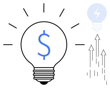 Dolar işaretli ampul ve parlak ışınlar, fikirleri ya da yeniliği simgeliyor. Yükselen oklar büyümeyi, başarıyı ya da ilerlemeyi gösteriyor. Finans, yenilik, iş, girişim ekonomisi için ideal