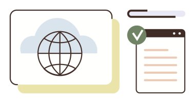 Tarayıcı penceresinin yanındaki kontrol listesi ve tik işaretli küre. Bulut hesaplaması için ideal, küresel bağlantı, çevrimiçi doğrulama, uzak çalışma, veri erişimi, verimlilik, basit düz metafor