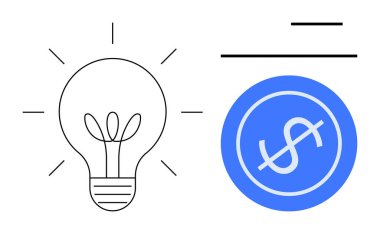Parlak çizgileri olan bir ampul ve çemberde bir dolar para. Yenilik, fikir üretimi, finansal büyüme, iş başarısı, girişimcilik, yatırım stratejisi, basit düz metafor