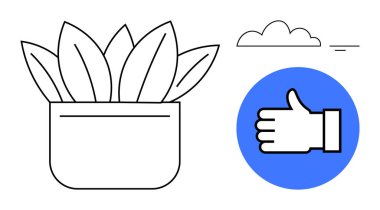 Geniş yapraklı saksı bitkisi, mavi daireli baş parmak ikonu ve minimum bulut detayı. Çevre, sürdürülebilirlik, pozitiflik, onay, sosyal medya, doğa sade iniş sayfası için ideal