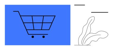 Soyut bitki çizgileri ve geometrik detaylarla mavi arka planda alışveriş arabası. E-ticaret, çevrimiçi alışveriş, perakende, pazarlama, satış, çevre dostu girişimler, dijital yenilik için ideal. Basit.