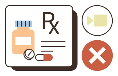 İlaç şişesi, tabletler, Rx etiketli kapsül, video ikonu ve kırmızı haç işareti. İlaç güvenliği, reçeteli kullanım, tıbbi danışma, sağlık uyarısı, teletıp uyarı işaretleri için ideal