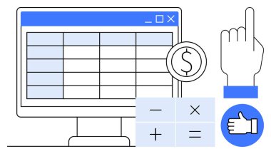 Bilgisayar monitörü bir hesap tablosu, hesap makinesi simgeleri, para birimi işaretleri, işaret eden eller ve onay simgesi gösteriyor. Finans, veri, analitik, bütçe muhasebe hesapları için ideal basit iniş sayfası