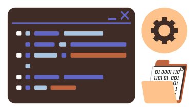 Kod satırlarını gösteren kodlama penceresini aç, dişli simgesi ayarları sembolize eder, ve ikili veri içeren dizini aç. Programlama, geliştirme, teknoloji, veri analizi, sistem işlemleri için ideal