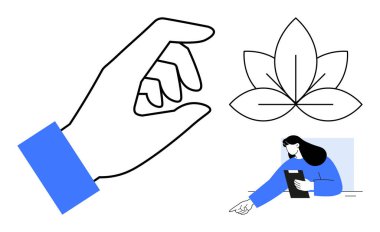 El hareketi, çizilmiş nilüfer yaprağı sembolü ve tablet tutan düşünceli bir kadın. Farkındalık, odaklanma, hassasiyet, büyüme, denge için ideal, doğa sade iniş sayfası