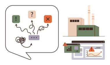 Sembollü konuşma balonu, birbirine bağlı oklar, fabrika binası ve analitik gösterge panelindeki uyarı işaretleri. Sorun çözme, karar verme, iş akışı, üretim ve analitik için ideal
