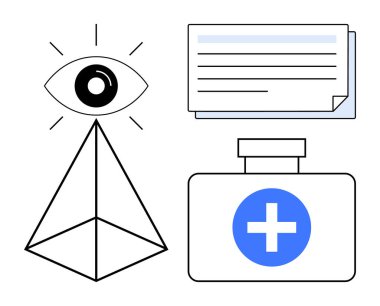 Piramidin tepesindeki göz görüşü simgeler, istiflenmiş belgeler bilgiyi temsil eder, ve ilk yardım kutusunda çapraz sağlık taşır. Farkındalık, eğitim, sağlık, tıp, denge ve kavramlar için idealdir.