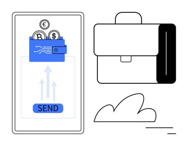 Cep telefonu cüzdanı, Bitcoin, Euro ve Transfer düğmeli Dolar bozuklukları. Dijital para birimi kavramı, ödeme, finans, teknoloji, e-ticaret, yatırım sade iniş sayfası