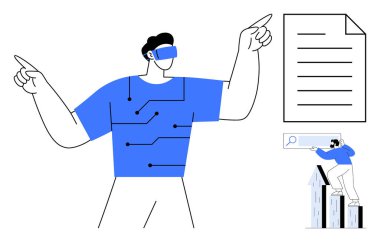 Sanal verilerle etkileşime girerken VR kulaklık takan bir adam. Dijital devreler, araştırma belgeleri ve analitik fütüristik temayı tamamlıyor. Teknoloji, yenilik ve eğitim için ideal