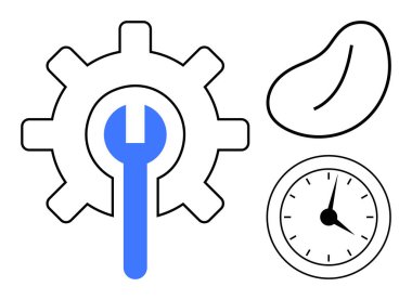 Mavi anahtarlı vites, zamanı simgeleyen saat, doğal büyümeyi temsil eden fasulye. Tamir, verimlilik, verimlilik, tarım, gelişim sürdürülebilirlik zaman yönetimi için ideal. Basit düz