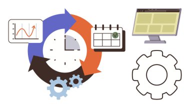 Dairesel oklar bir saati bir takvim, bir grafik ve bir monitör arayüzü ile çevreler. Üretkenlik, iş akışı, proje planlaması, zaman izleme, verimlilik organizasyonu için ideal