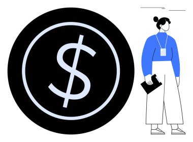 Büyük bir dolar simgesinin yanında elinde bir pano tutan kadın. Finans, iş, ekonomi, tasarruf, bütçe, büyüme ve liderlik için ideal. Finansal karar verme ve strateji için basit bir düz metafor