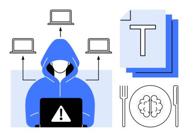 Kapüşonlu bir bilgisayar korsanı. Uyarı, birbirine bağlı cihazlar, mesaj dosyaları, plakalı beyin kullanıyor. Siber güvenlik, hackleme, teknoloji, çevrimiçi tehditler, veri koruma gizlilik sorunları için idealdir.