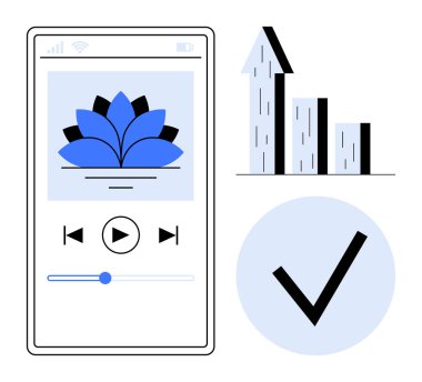 Büyümeyi simgeleyen nilüfer, yukarı doğru çubuklar ve onay için kontrol işaretleri gösteren mobil ekran. Üretkenlik, farkındalık, sağlık uygulaması, başarı, ilerleme için ideal, basit veri