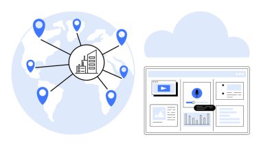 Küresel erişimi temsil eden harita iğneli bir dünya, bulut ve çizelgelerle dolu bir panelin yanında. Küresel ağ, teknoloji, bulut depolama, işletme, analitik ve iletişim için ideal