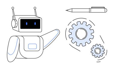 Birbirine bağlı vites ve kalemi işaret eden robot, teknolojiyi, yaratıcılığı, yeniliği, yapay zeka entegrasyonunu, otomasyonu, verimliliği ve verimliliği vurguluyor. Yenilikçi bilim eğitimi için ideal