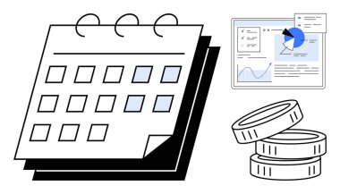 Takvim vurguları, veri analiz grafikleri ve bozuk para yığınları takvim optimizasyonunu, finansal takibi ve verimliliği sembolize eder. Proje planlaması, bütçe, finans, veri için ideal