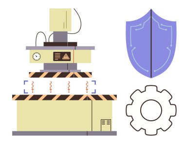 İşletim sinyalleri yayan endüstriyel makine, güvenlik için kalkan simgesi ve mekanizmalar için dişli sembolü. Üretim, otomasyon, teknoloji, süreç, güvenlik, mühendislik için ideal