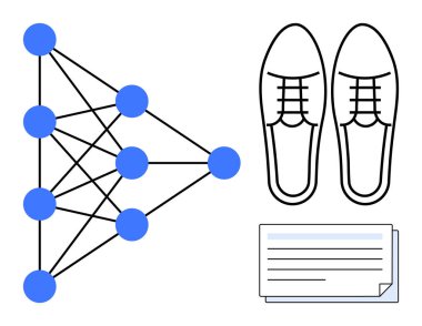 Ayakkabılar ve yapay zekanın kişiselleştirilmesini, veri analizini ve otomasyonu sembolize eden belgenin yanında sinir ağı diyagramı. Teknoloji, yenilik, e-ticaret, yaratıcılık, yapay
