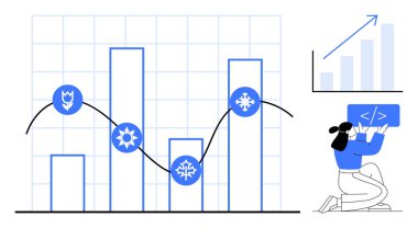 Mevsimsel simgeleri takip eden bar tablosu ve kodlama işareti tutan geliştirici. Veri analizi, iş büyümesi, kodlama, mevsimsel eğilimler, teknoloji, eğitim, basit iniş sayfası için ideal
